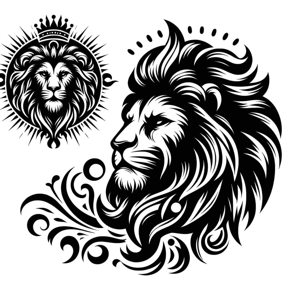Lion head with crown and floral pattern vector