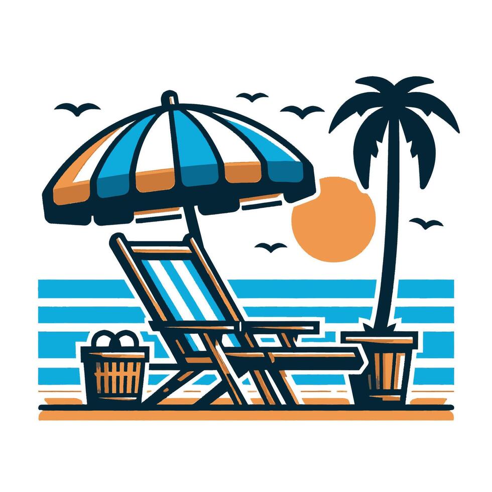 Beach chair and umbrella on the beach illustration vector