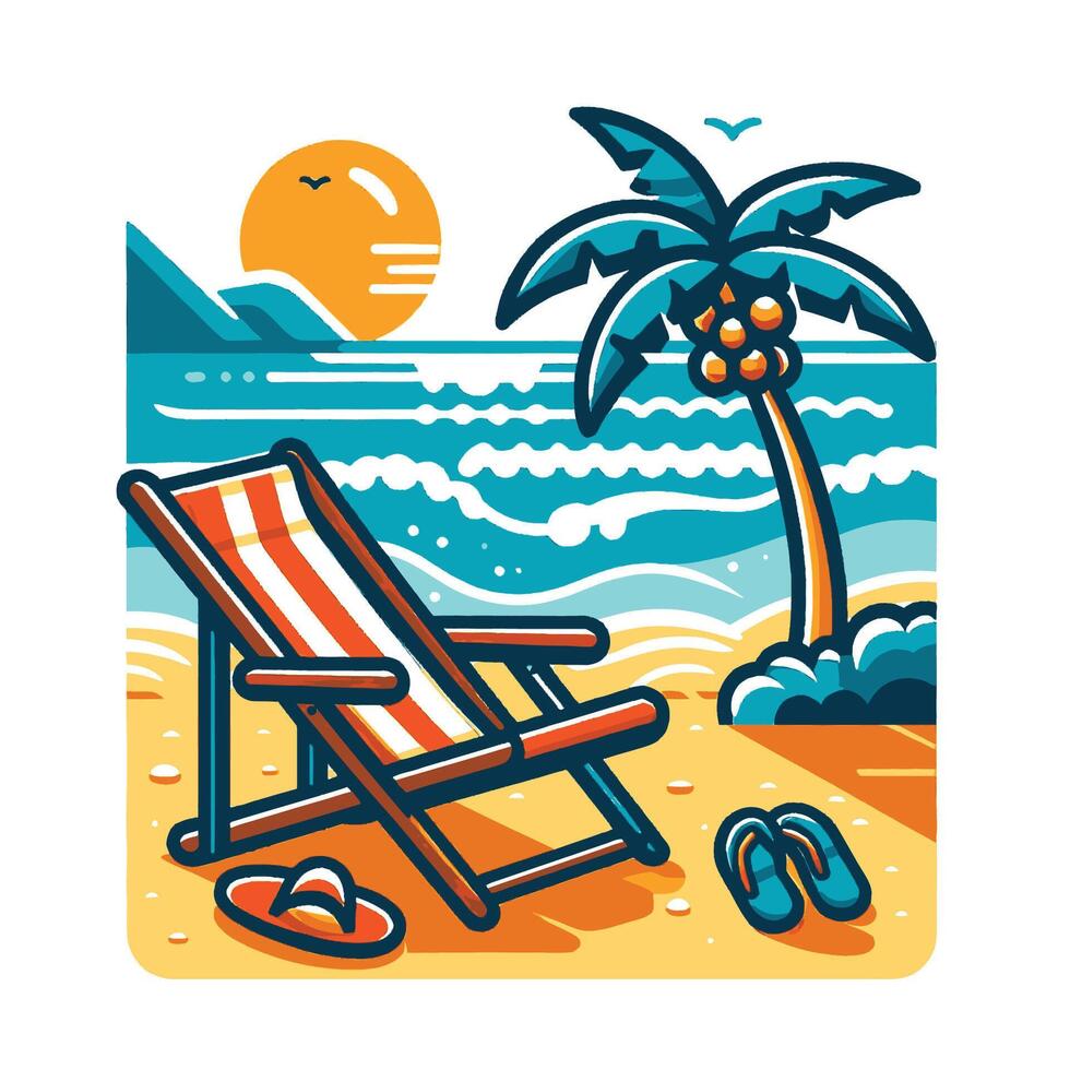 Beach chair and palm tree on the beach vector