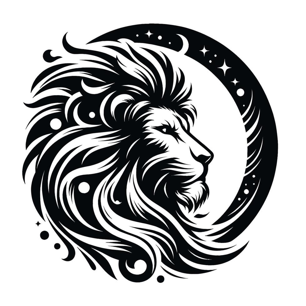 A lion with a long mane and a crescent in the background vector
