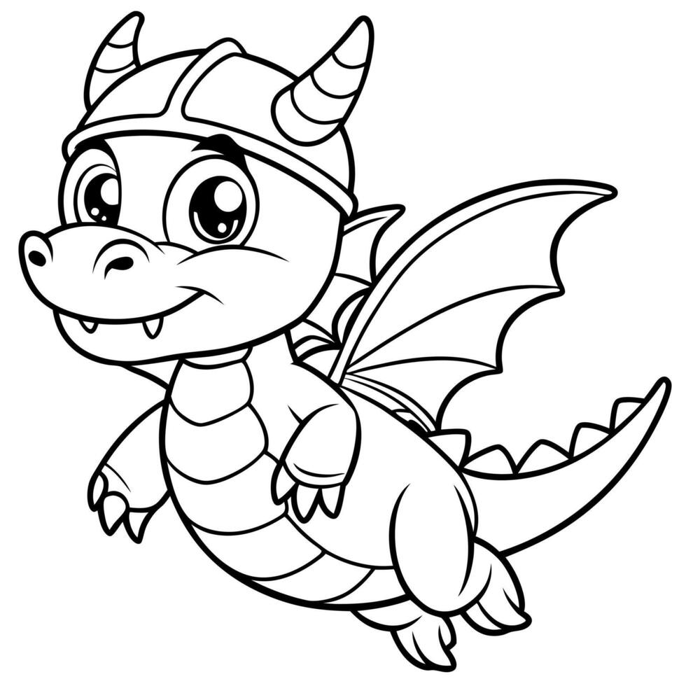 cartoon style cute a dragon in a pilot helmet flying, illustration line art vector