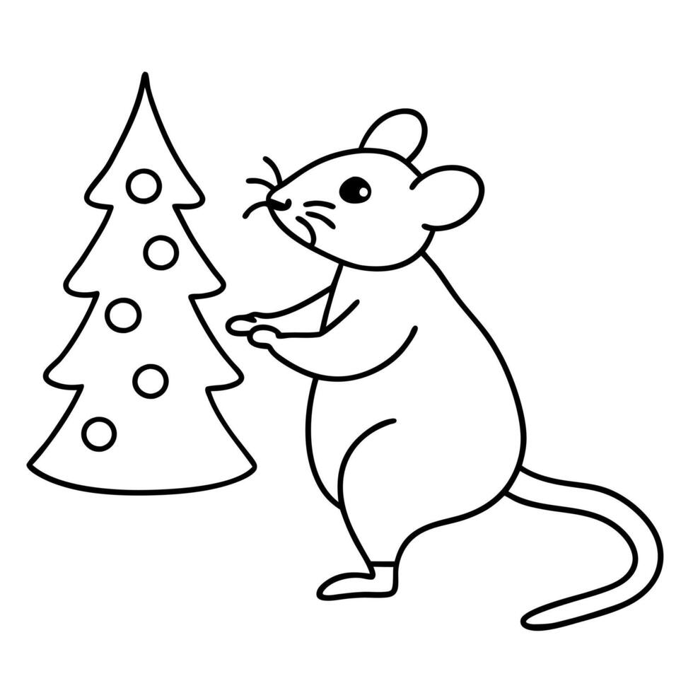 a holiday mouse decorating a mini christmas tree with cheese-shaped ornaments on white background, vector