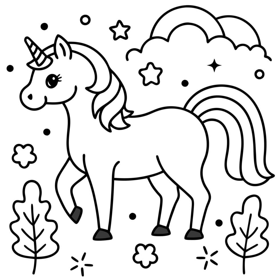 an enchanting unicorn with a rainbow-colored mane and golden hooves standing in a magical forest vector