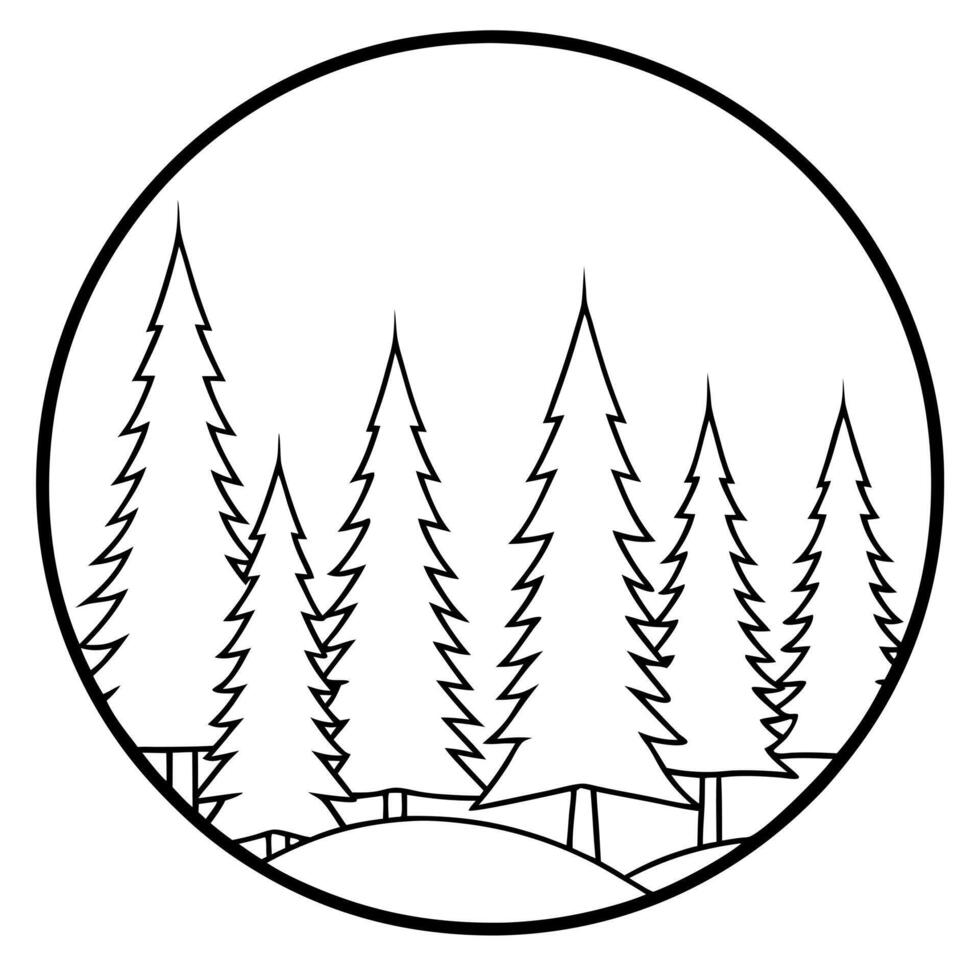 conifers forrest inside circular outline, minimalistic, black and white, illustration line vector