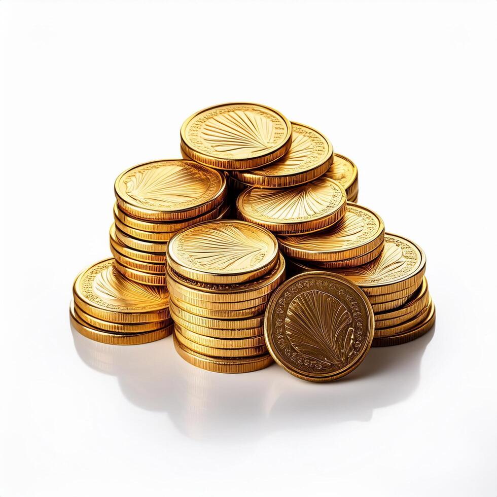 Heap of Gold Coins Isolated on White Background Wealth, Treasure, and Money Pile photo