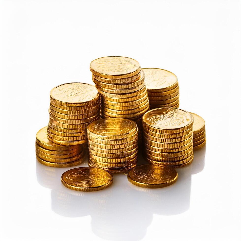 Heap of Gold Coins Isolated on White Background Wealth, Treasure, and Money Pile photo