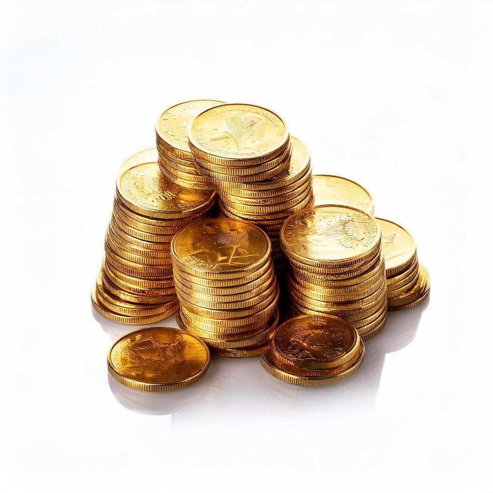 Heap of Gold Coins Isolated on White Background Wealth, Treasure, and Money Pile photo