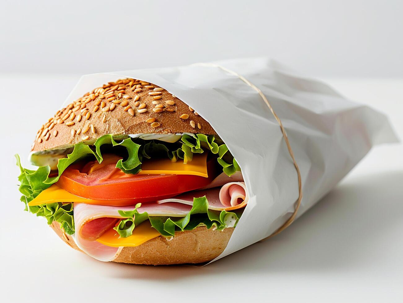 A sandwich with meat, cheese, and vegetables photo
