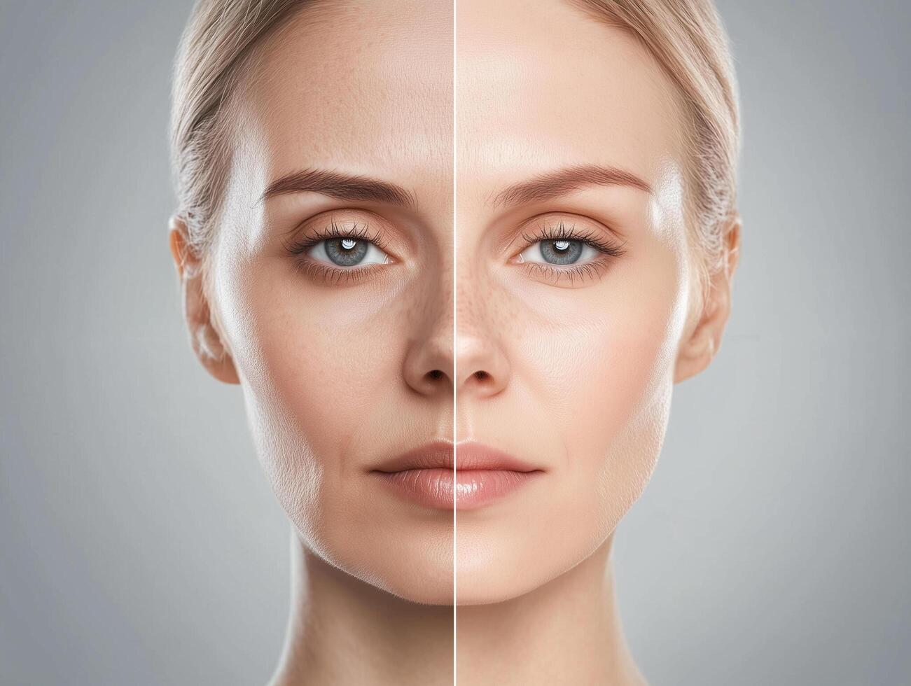 Collage, before after and face of woman for skincare, anti aging and beauty with surgery in studio. Female model, transformation and makeover with treatment, dermatology and change by gray background photo