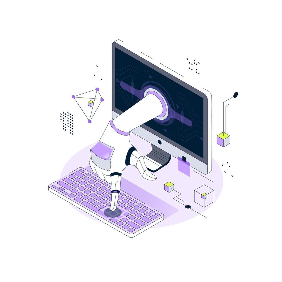 Robot Arm appears from the Computer Monitor. Concept of artificial intelligence Assistance to humans. Ai Help. Isometric illustration vector
