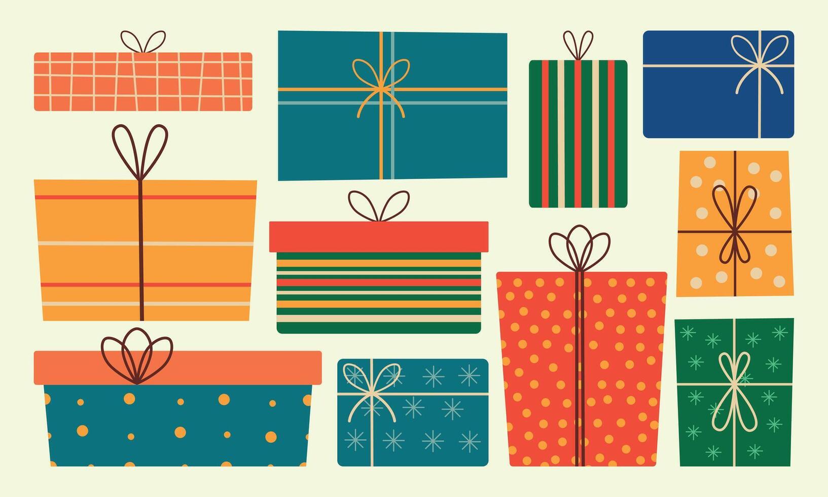 Christmas gifts big set. Cute boxes in retro style. illustration for holiday design vector