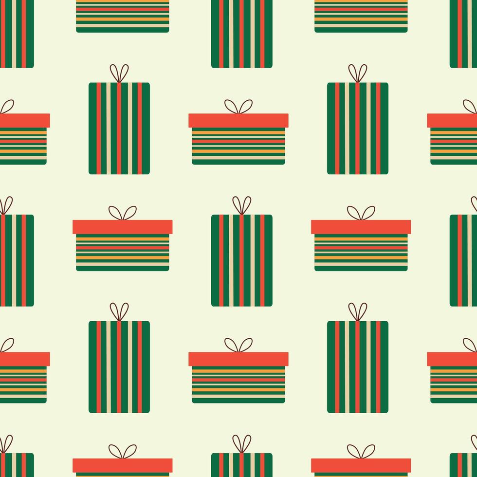 Christmas gift box seamless pattern. Striped rectangular boxes with bows on a light background. illustration for card, packaging, wrapping paper, background. vector