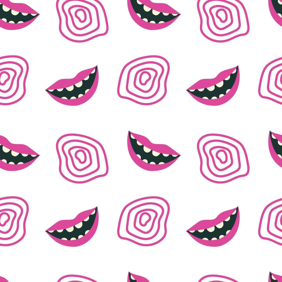 Lips smile seamless pattern. Abstract psychedelic pattern with bright pink elements. illustration for cover, case, packaging, background, wrapping paper vector