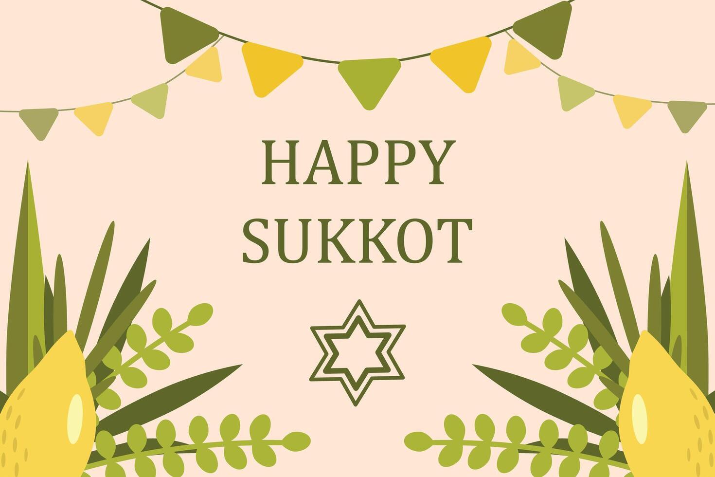 Sukkot holiday concept. Etrog, lulav, myrtle, star of David and holiday flags. illustration for Jewish holiday vector