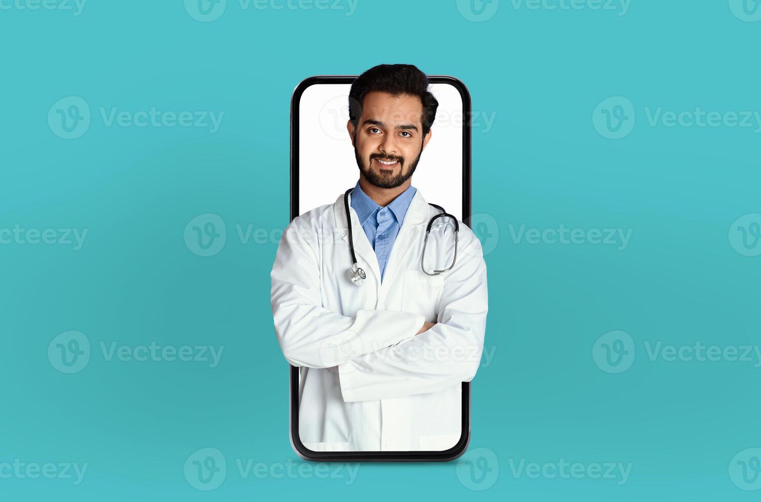 A young Indian guy medical professional is shown on a telemedicine app within a smartphone, positioned in a professional yet approachable setting photo
