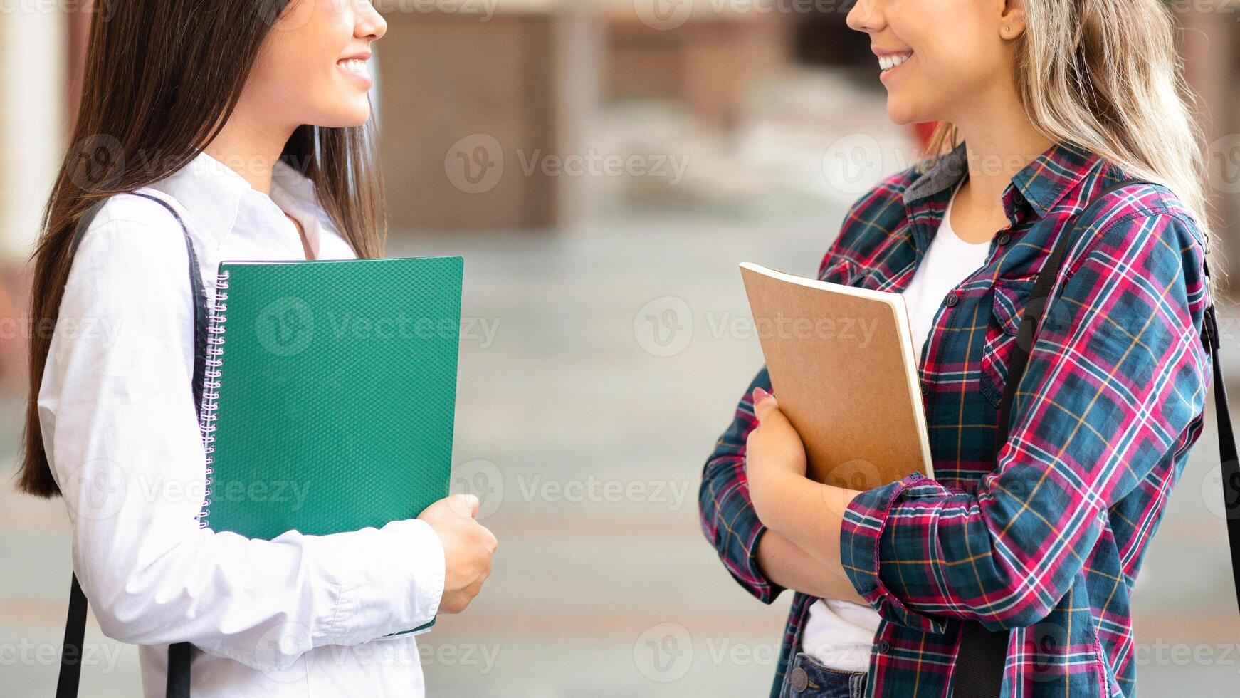Rest between lectures. Girls talking outdoors after class, resting in university campus photo