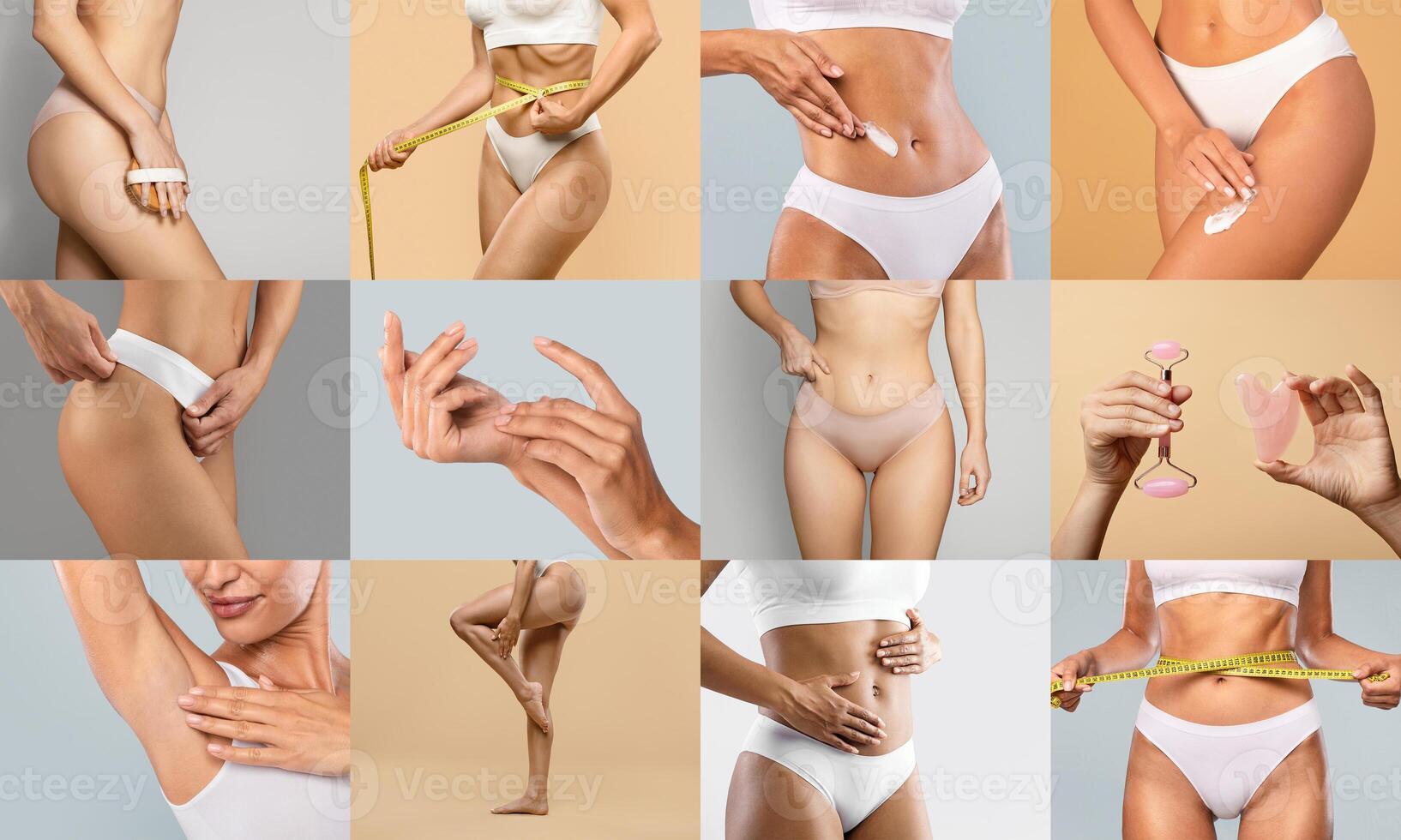 Women in white lingerie showing various skincare routines and body measurement techniques in a collage layout. photo