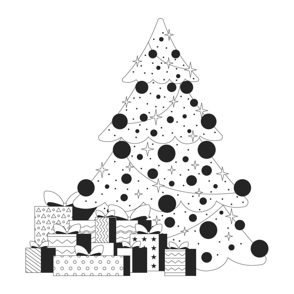Sparkling Christmas tree with giftboxes stack black and white 2D line object. Fir-tree spruce with ornaments. Christmastree isolated clip art outline item. Monochromatic spot illustration vector