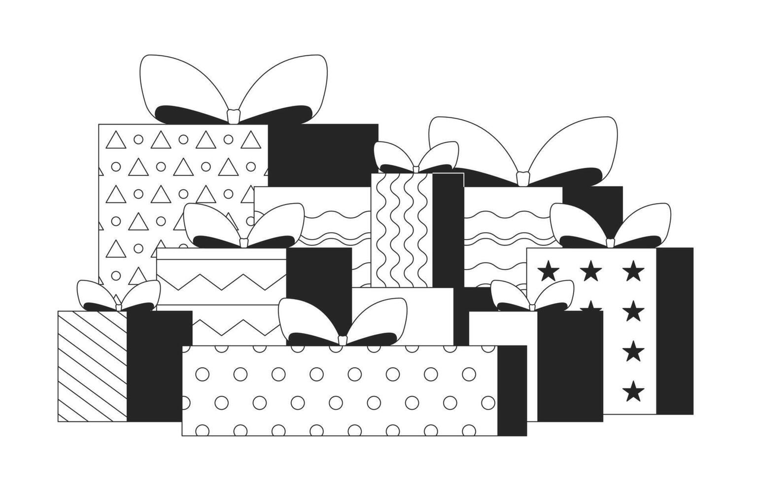 Bows gift boxes stack black and white 2D line object. Christmas presents. Celebrating xmas. Wrapped packages. Ribbon giftboxes isolated clip art outline item. Monochromatic spot illustration vector
