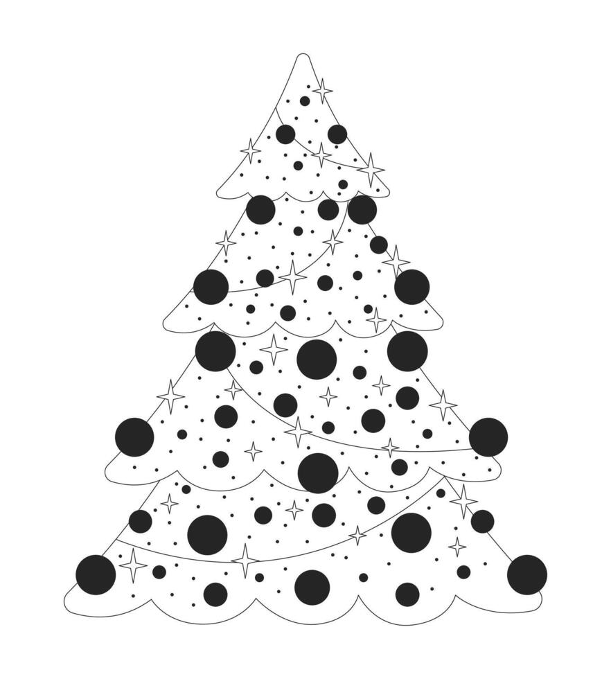 Sparkle twinkling Christmas-tree ornaments black and white 2D line object. Baubles xmas evergreen coniferous. Christmastree isolated clip art outline item. Monochromatic spot illustration vector