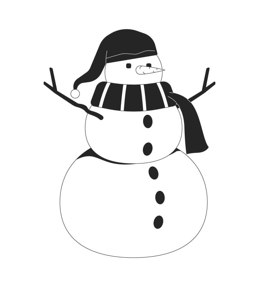 Cute snowman wearing scarf knitted hat black and white 2D line object. Wintertime leisure outdoor. Winter sculpture. Snow figure isolated clip art outline item. Monochromatic spot illustration vector