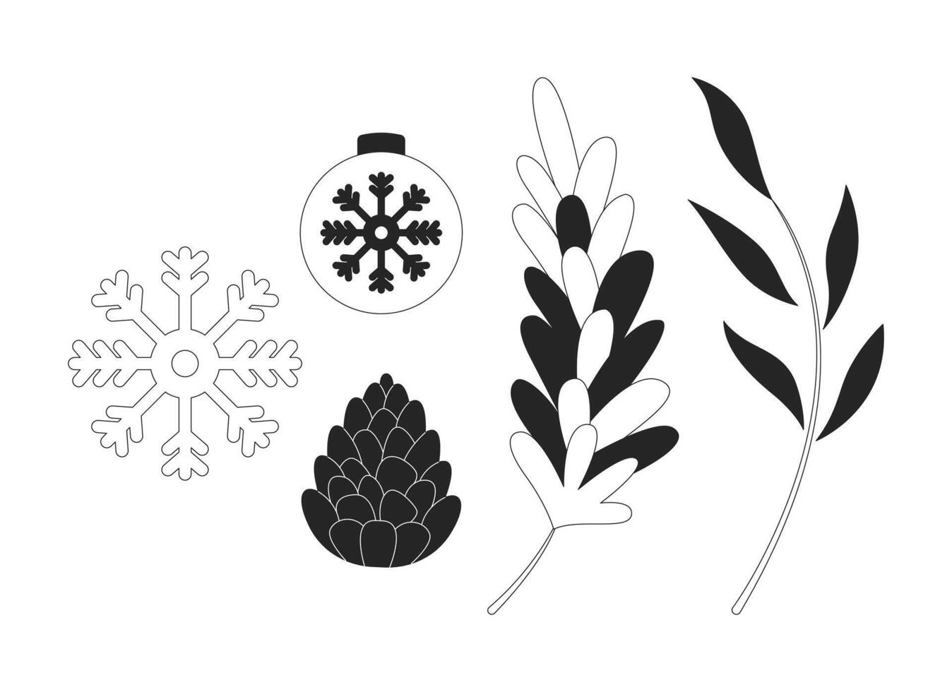 Adornments Christmas black and white 2D line objects set. Snowflake, xmas bauble ornament, pinecone, evergreen twigs isolated clip arts outline items collection. Monochrome spot illustrations vector