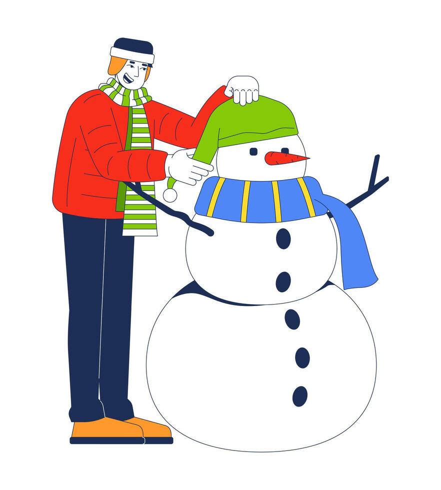Winter puffer jacket man putting hat on snowman 2D cartoon character. Wintertime outdoor activity. Outerwear asian male isolated person flat on white background. Spot illustration colorful vector