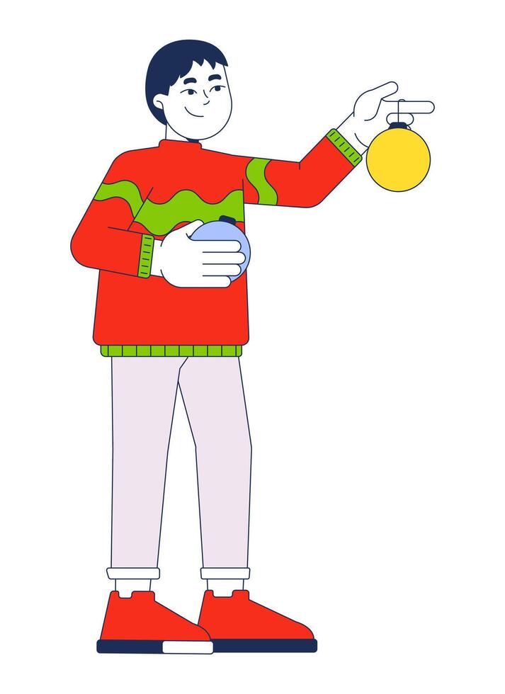 Christmas sweater boy holding xmas ornaments 2D cartoon character. Christmastime. Asian male kid with baubles yuletide isolated person flat on white background. Spot illustration colorful vector