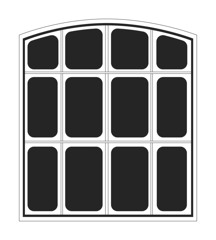 Frozen window black and white 2D line object. Cold season wintertime. Hoarfrost covered glass surface home. Frosty windowpanes isolated clip art outline item. Monochromatic spot illustration vector