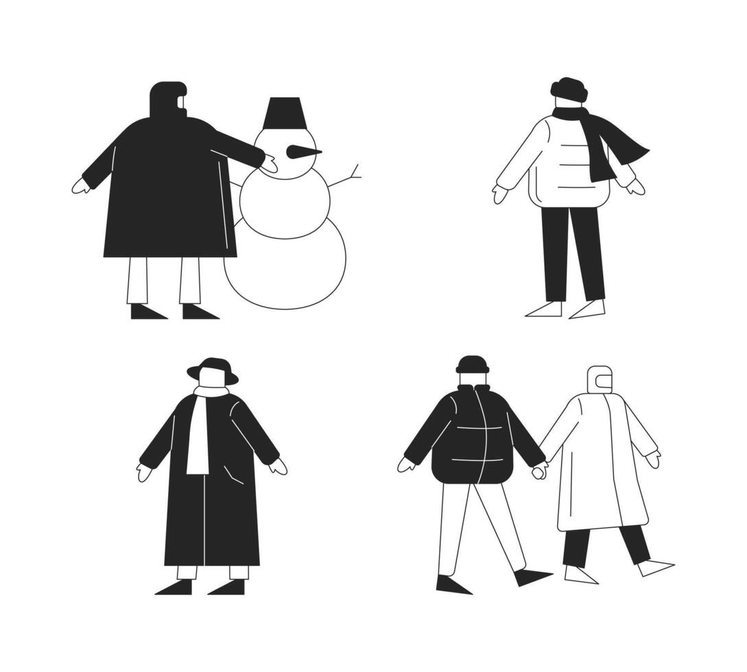 Dummy dolls outerwear winter outdoor black and white 2D line characters set. Snowman building. Cold weather puffer coats models isolated outline people. Monochrome spot illustrations collection vector