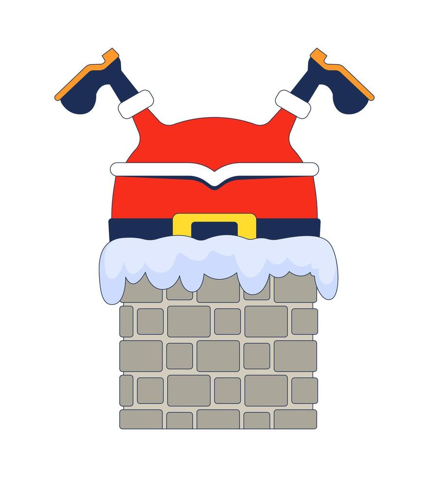 Stuck Santa upside down chimney 2D cartoon character. St Nicholas caught. Christmas eve. Humorous trapped Santaclaus isolated personage flat on white background. Spot illustration colorful vector