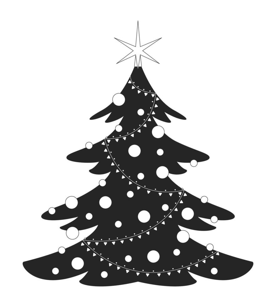 Star Christmas tree with string lights black and white 2D line object. Xmas spruce with festive ornaments. Christmastree isolated clip art outline item. Monochromatic spot illustration vector