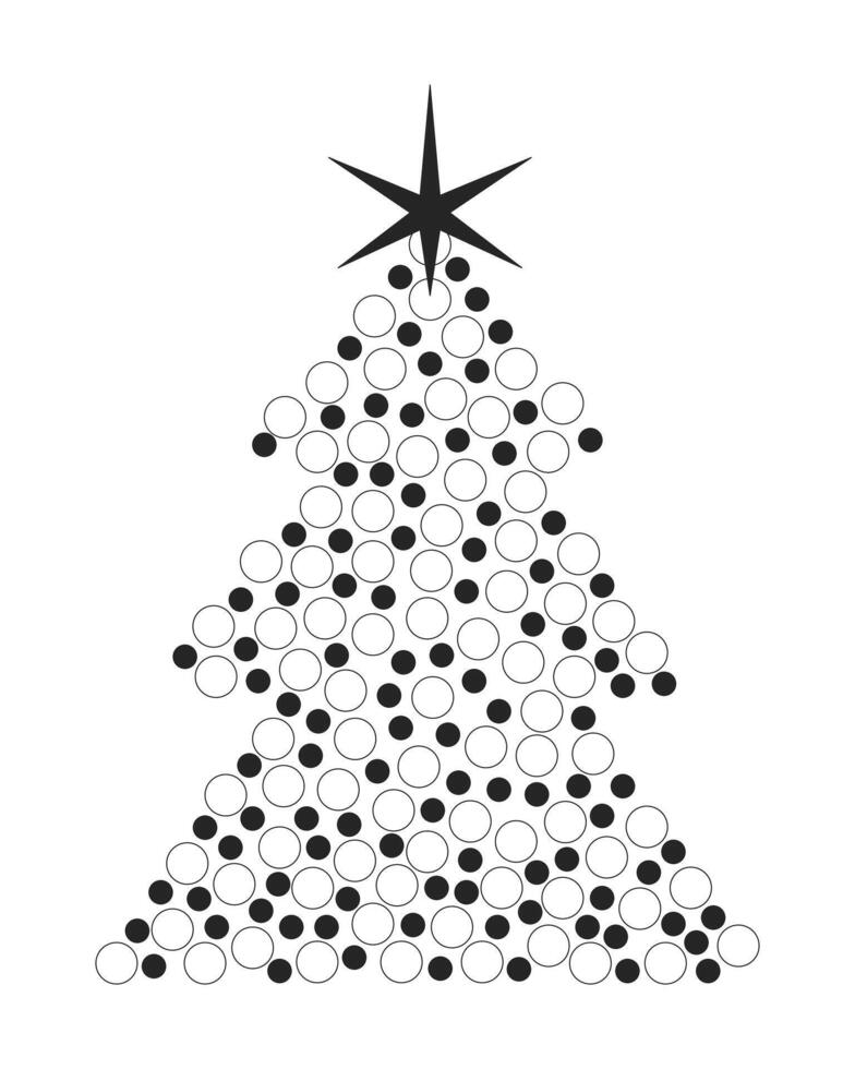 Xmas balls shaped Christmas tree black and white 2D line object. Festive baubles fir tree star. Evergreen newyear abstraction isolated clip art outline item. Monochromatic spot illustration vector