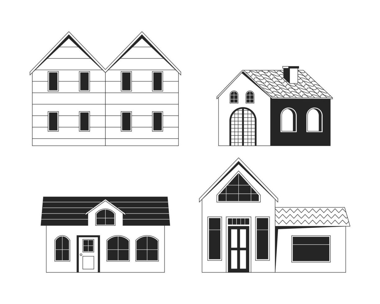 Suburban houses black and white 2D line objects set. Rural buildings exteriors. Countryside suburb property estate isolated clip arts outline items collection. Monochrome spot illustrations vector