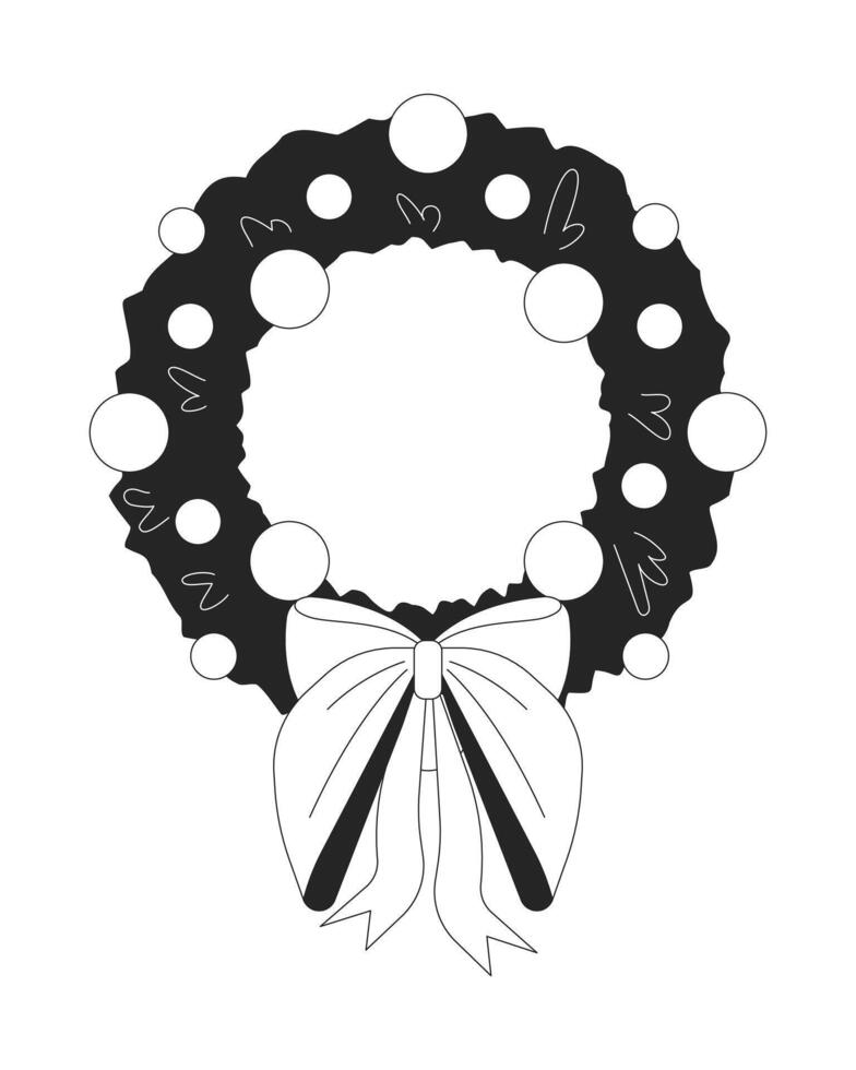 Merry Christmas wreath black and white 2D line object. Ribbon baubles yuletide holiday adornment. Round xmas ornaments evergreens isolated clip art outline item. Monochromatic spot illustration vector