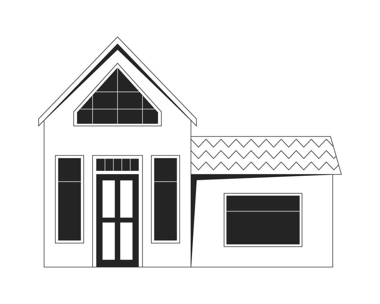 Modern house with garage black and white 2D line object. Contemporary front door. Real estate facade. Architectural building isolated clip art outline item. Monochromatic spot illustration vector