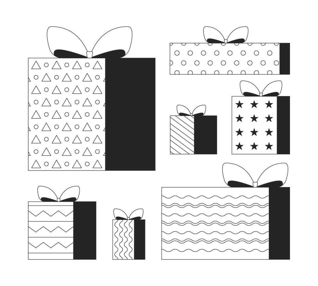 Wrapped gifts bows black and white 2D line objects set. Ribbons parcels Christmas presents. Festive knot giftboxes isolated clip arts outline items collection. Monochrome spot illustrations vector