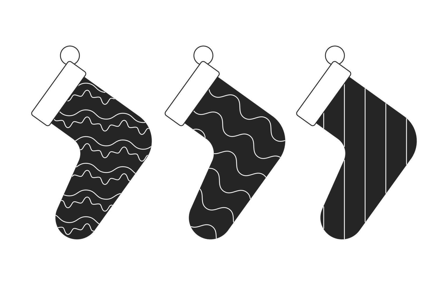 Christmas socks hanging black and white 2D line objects set. Xmas stockings. Winter holidays celebration accessories isolated clip arts outline items collection. Monochrome spot illustrations vector