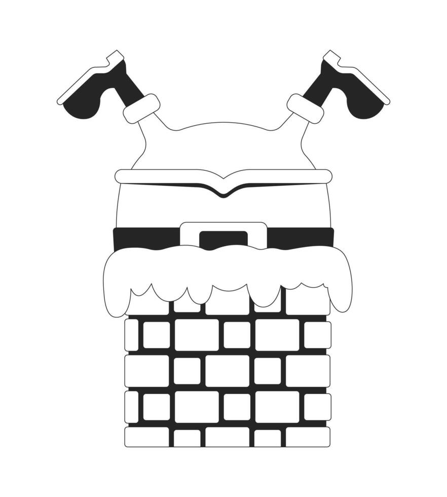 Stuck Santa upside down chimney black and white 2D line character. St Nicholas caught. Christmas eve. Humorous trapped Santaclaus isolated outline personage. Monochromatic spot illustration vector