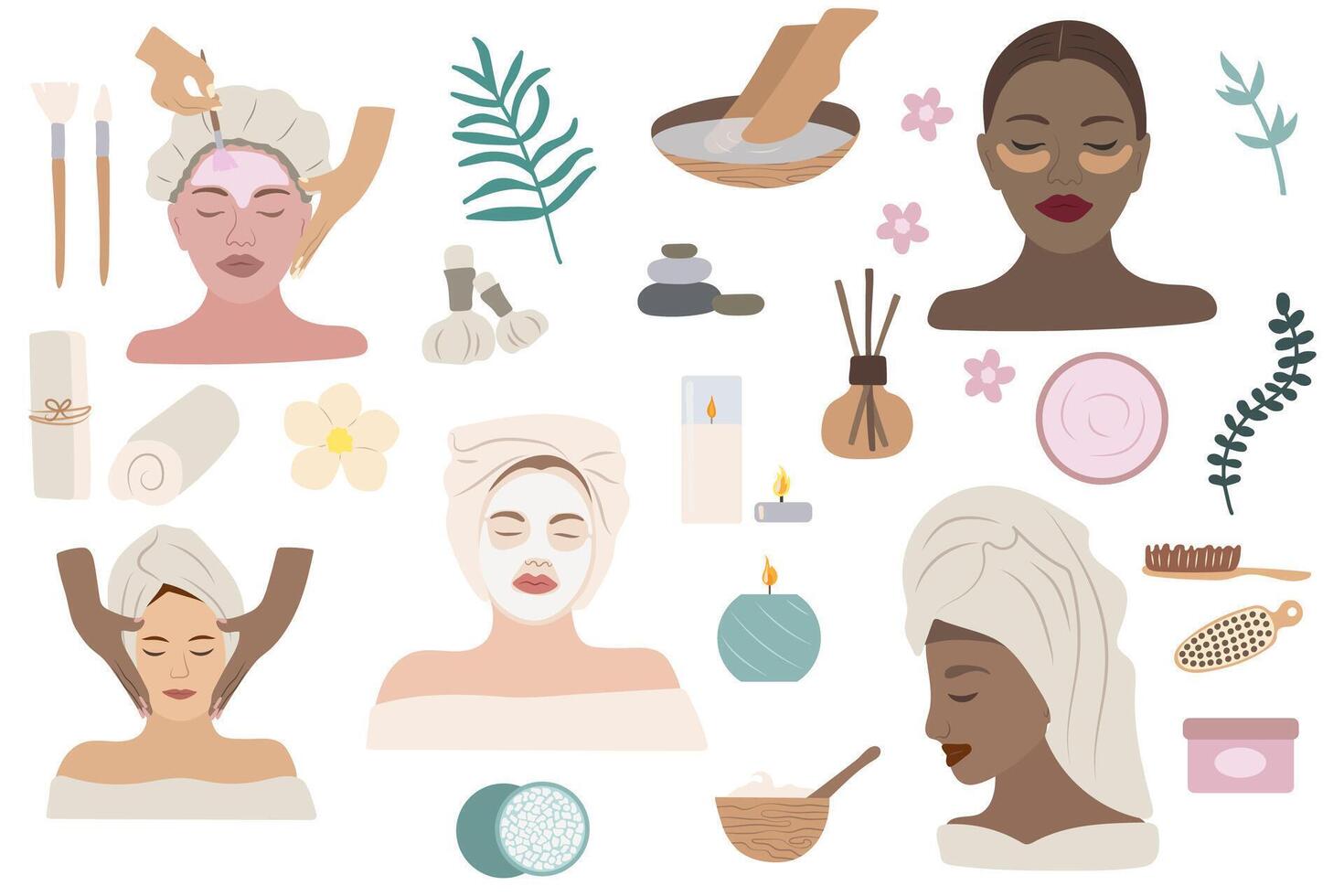 Spa and Wellness Illustration with Diverse Skincare and Relaxation Elements vector