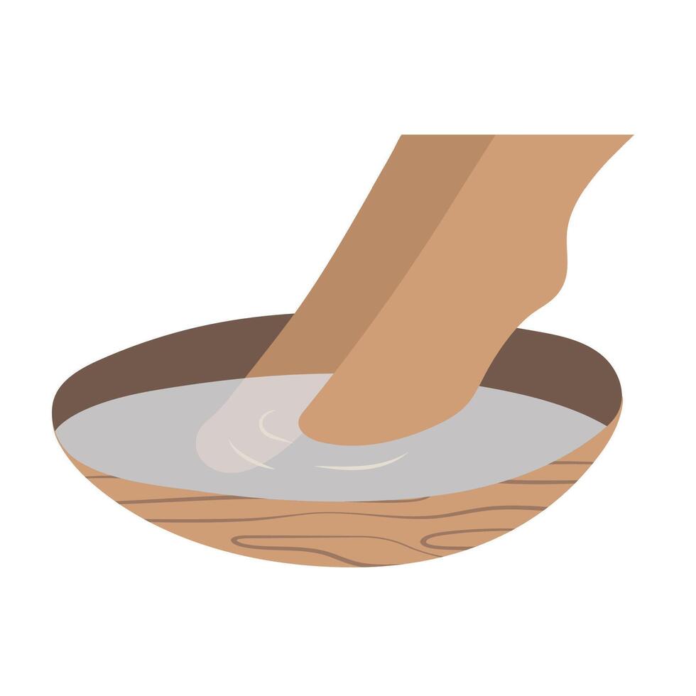 Foot Soaking in Wooden Bowl Spa Illustration on White Background vector