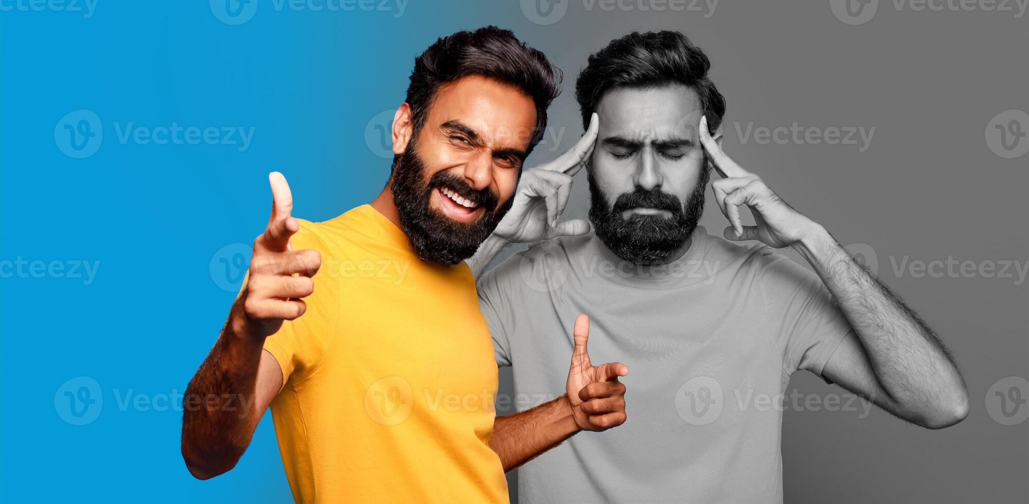 Indian man showcases a wide grin while giving a cheerful thumbs-up on the left. In stark contrast, another version of him appears in black and white, pensive with fingers pressed against his temples. photo
