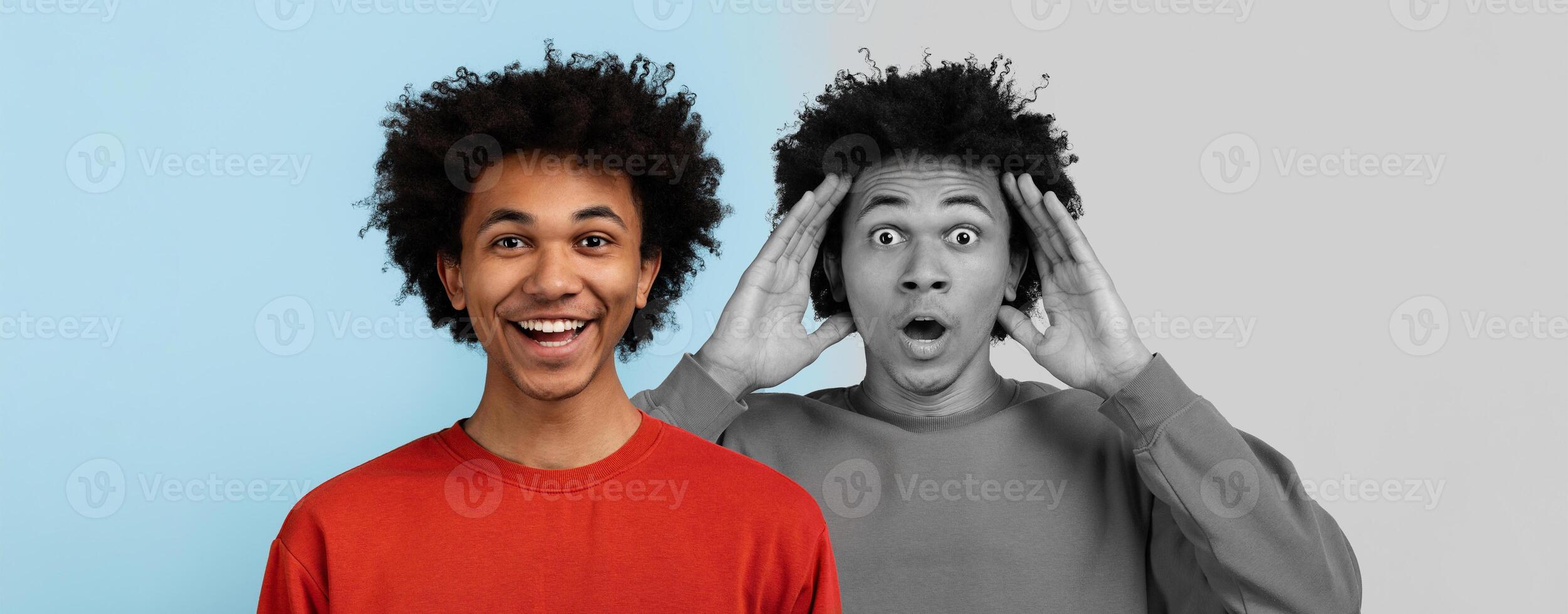 A young black man with curly hair displays contrasting emotions, standing against a blue and gray backdrop. One side shows him smiling brightly while the other captures his surprised expression photo