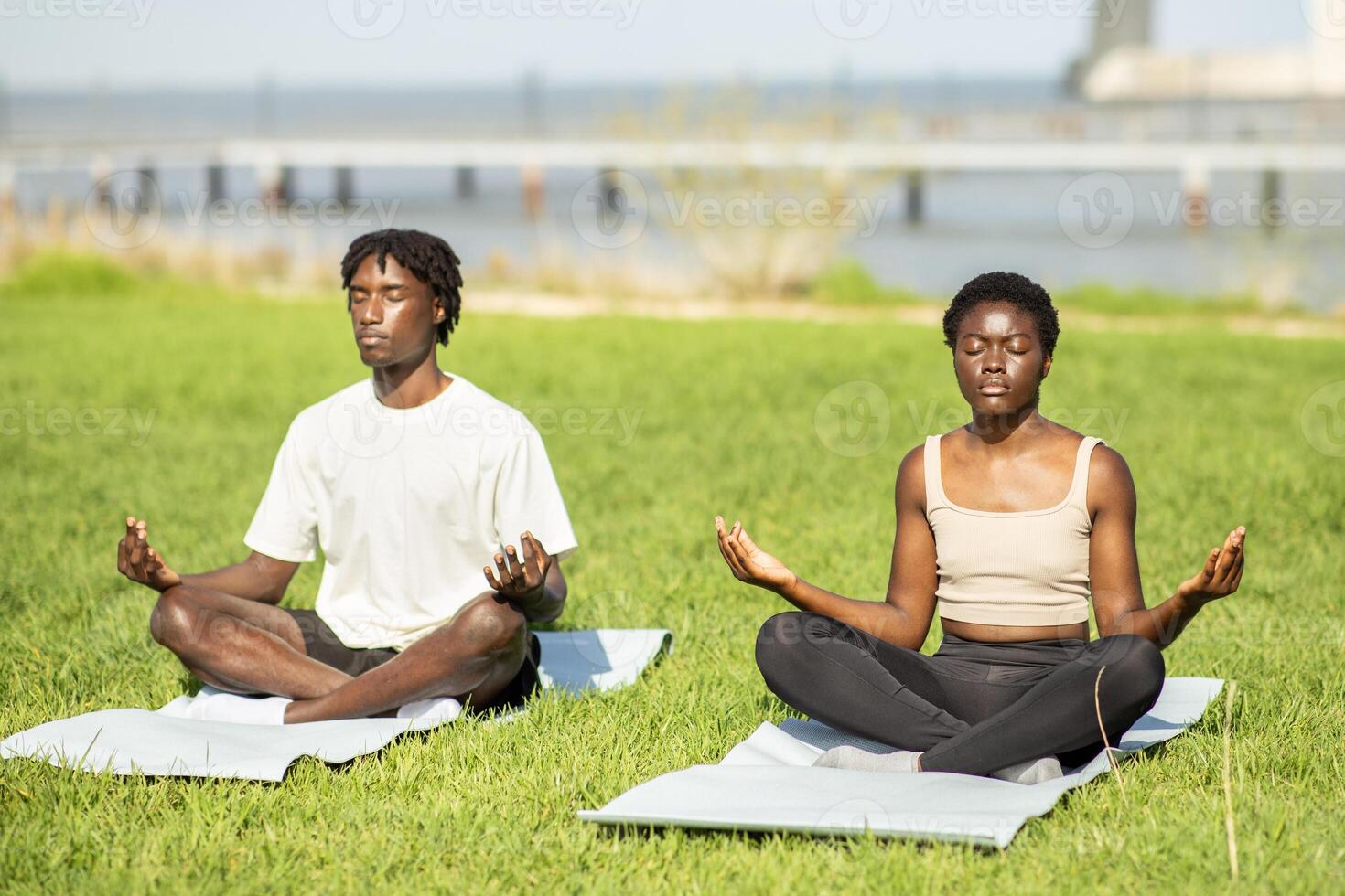In a peaceful green area by the water, two African American friends sit cross-legged on mats, eyes closed, engaged in meditation. The calm atmosphere enhances their focus and relaxation. photo