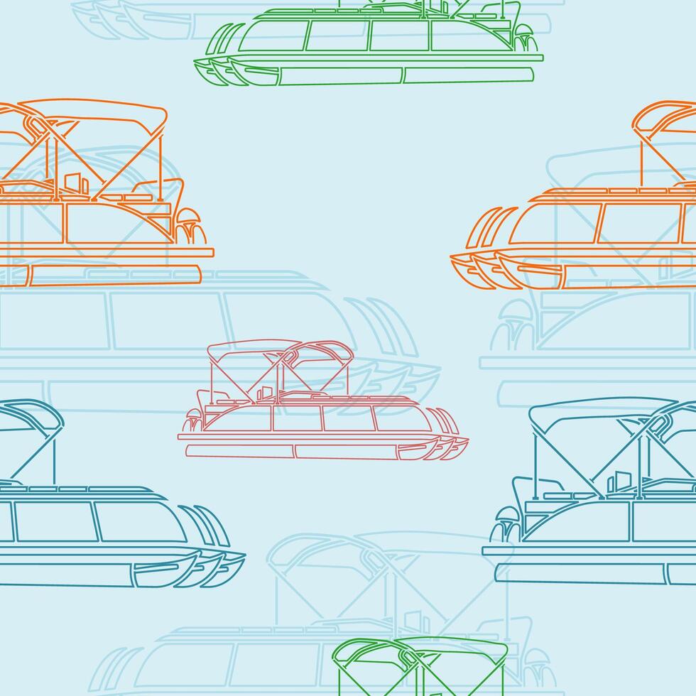 Editable Semi-Oblique Side View Pontoon Boat Vectorized Illustration in Outline Style With Various Colors as Seamless Pattern for Creating Background of Transportation or Recreation Related Design vector