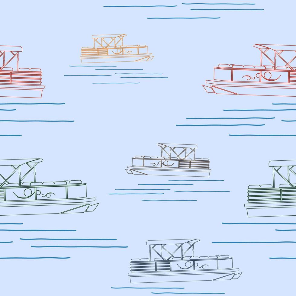 Editable Outline Style Semi-Oblique Side View Pontoon Boat Vectorized Illustration with Various Colors as Seamless Pattern for Creating Background of Transportation or Recreation Related Design vector