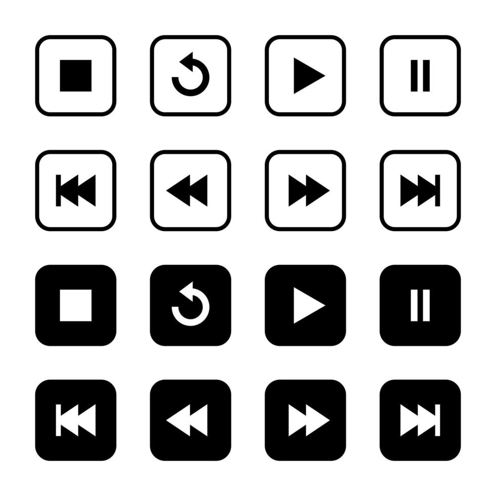 Stop, repeat, play, pause, previous and next icon on black square. Media player element symbol vector