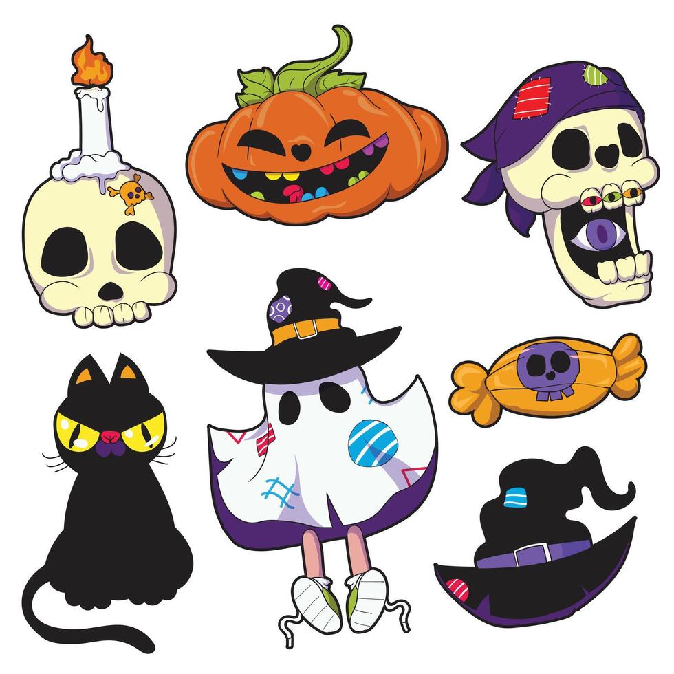 a collection of halloween items including a cat, a witch, and a ghost. vector
