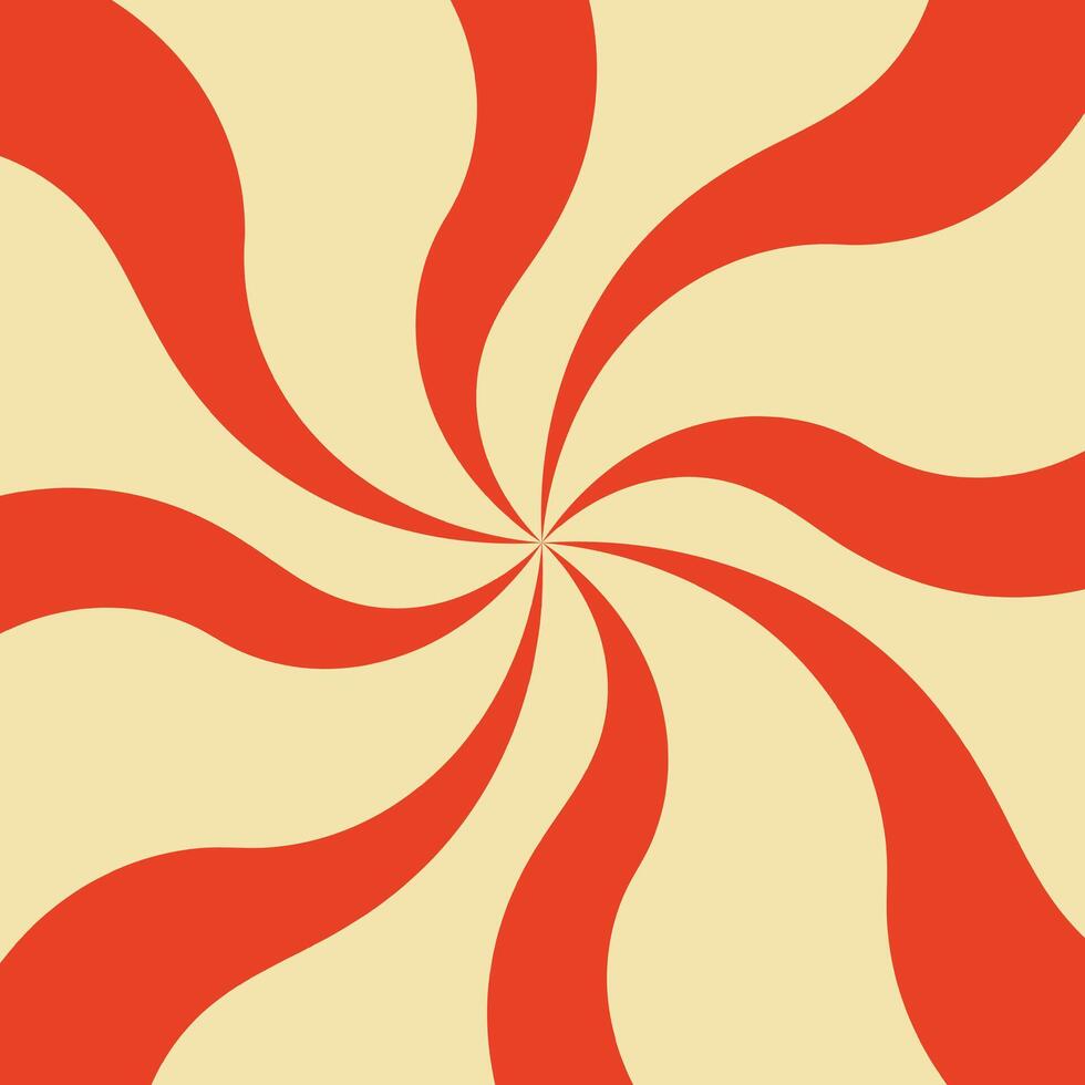 a red and yellow pattern with a spiral in the center. Groovy retro sun burst background vector