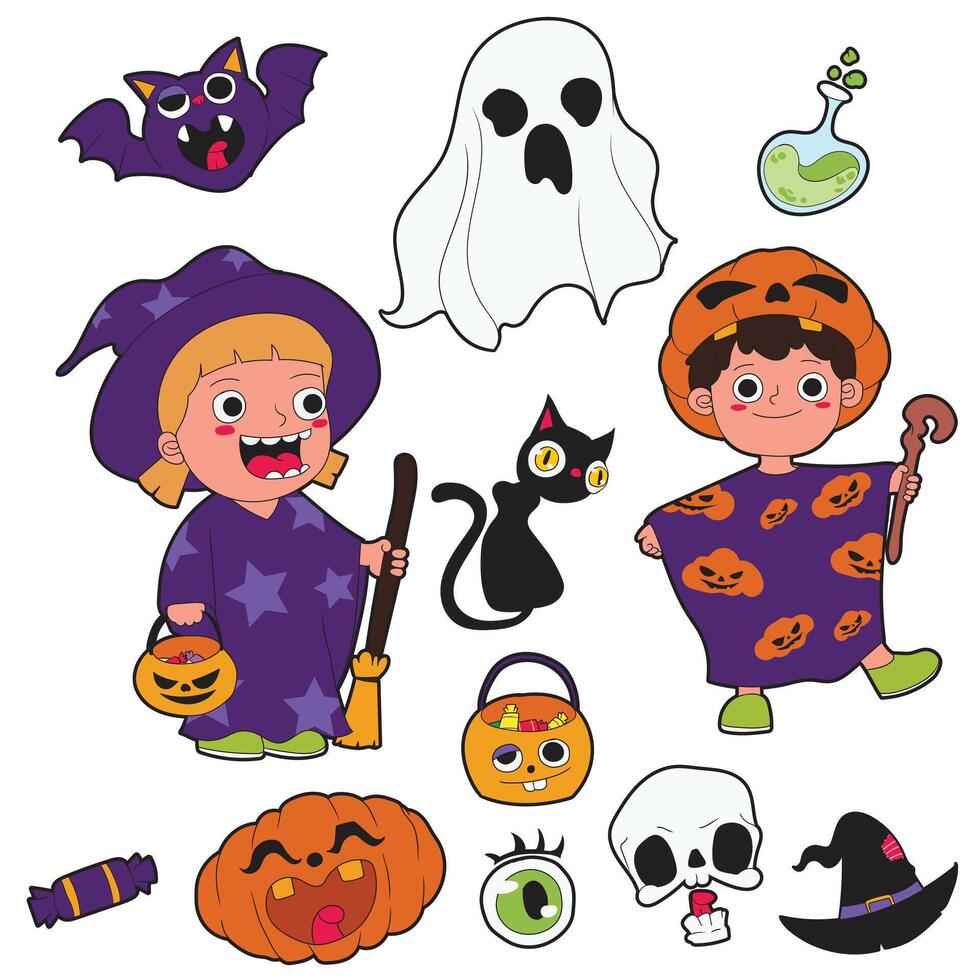 halloween illustration set. little witch, pumpkin, skull, black cat, and ghost. vector